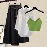 グリーンキャミソール+ホワイトシャツ+ブラックスカート/セット