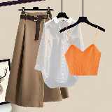 オレンジキャミソール+ホワイトシャツ+ベージュスカート/セット